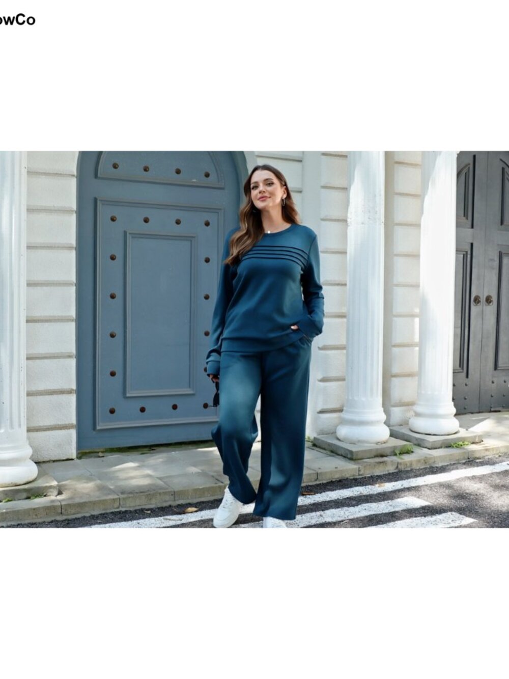 Women's 2 Piece Sweatsuit Set Crewneck Pleated Top Wide Leg Pants - Picture 6 of 6